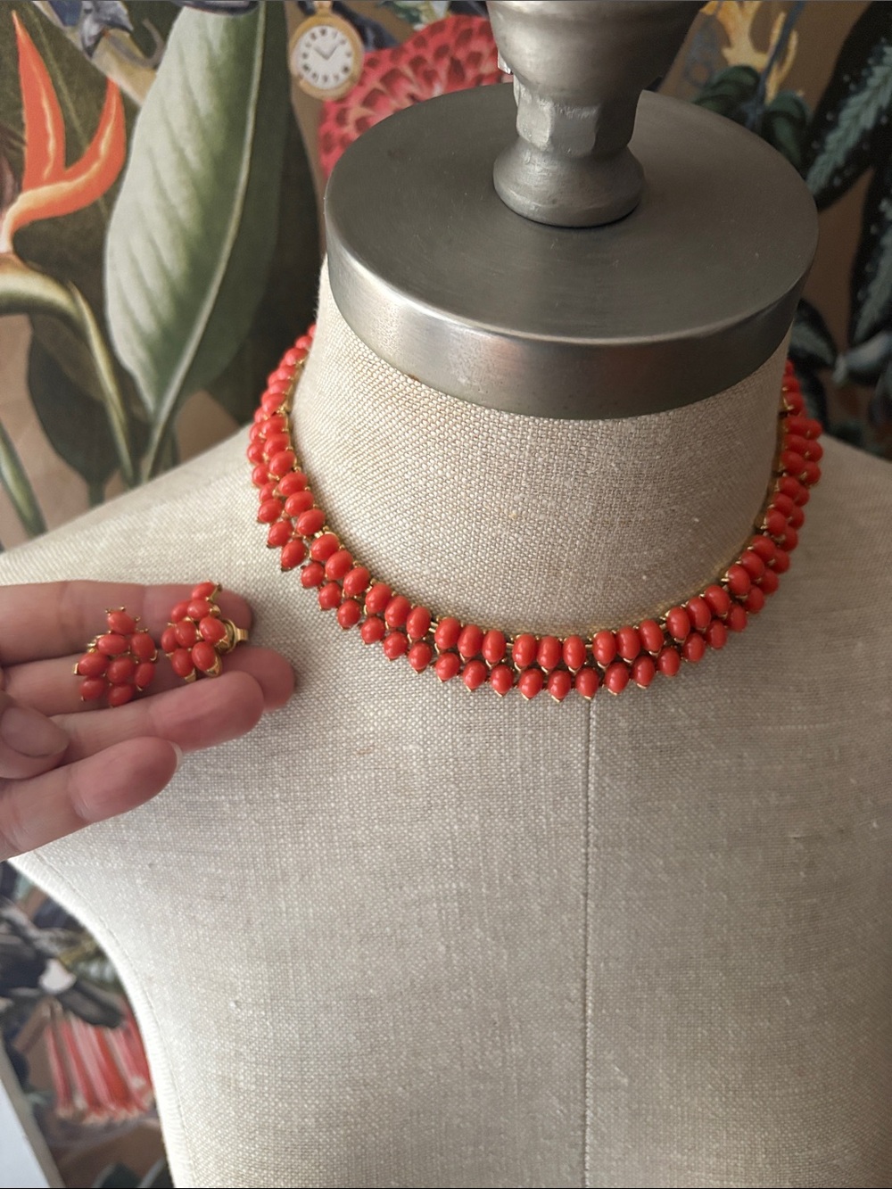 Vintage Crown Trifari Coral Bead Choker Necklace with Matching Clip-On Earrings